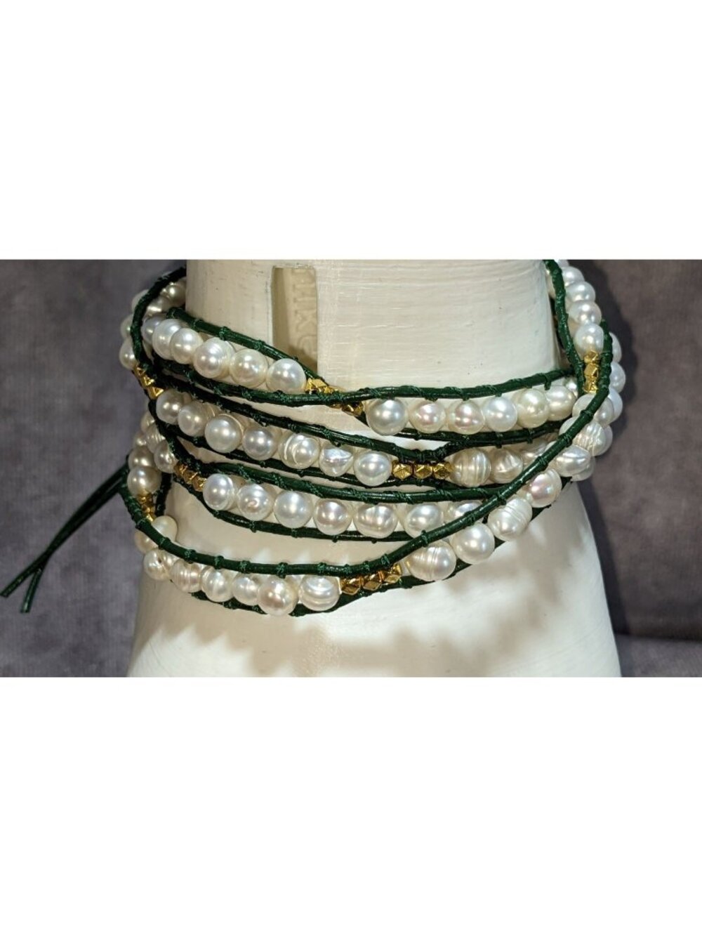 Boho Pearl Wrap Bracelet Victoria Emerson Green Leather Gold Tone